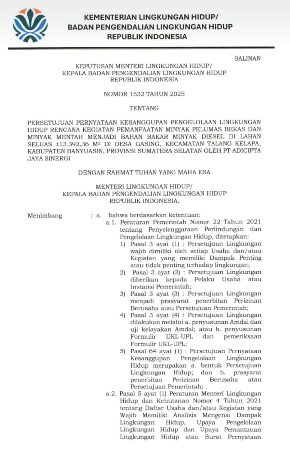 Keputusan Menteri Lingkungan Hidup tentang UKL-UPL